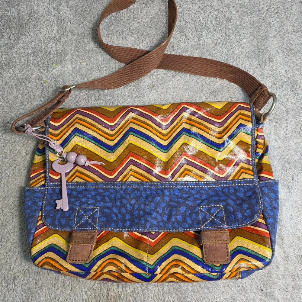Fossil KeyPer Messenger Laptop Bag Blue Orange Zig Zag Coated Canvas Key Fob